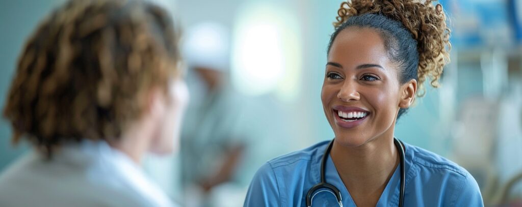 Smiling healthcare professional in scrubs and stethoscope talking to another person in a medical setting.