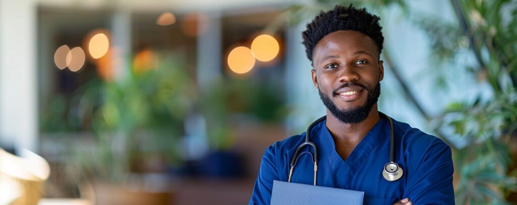 Smiling healthcare professional in blue scrubs with a stethoscope, holding a clipboard, in a bright setting.