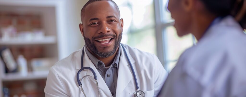 A smiling doctor with a stethoscope talks to a person in a medical office.