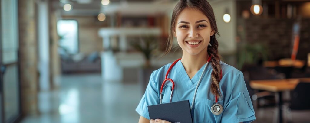 Smiling nurse in scrubs, holding a clipboard and stethoscope, standing in a bright indoor setting.