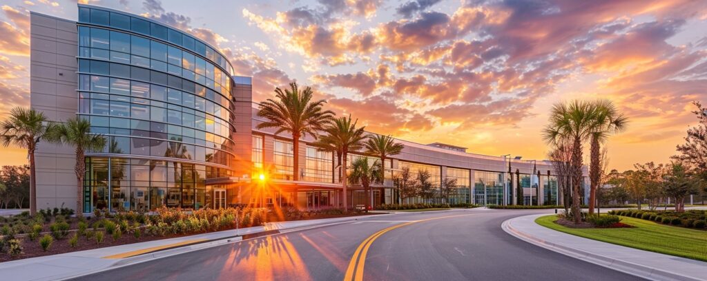 Modern curved building with glass windows, surrounded by palm trees and a vibrant sunset sky in the background.