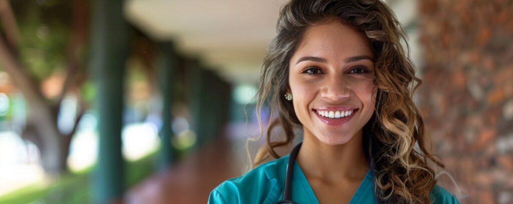 Smiling person with long hair in a teal medical uniform, standing in a hallway with a stethoscope around their neck.