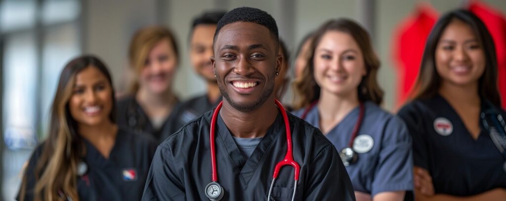 A smiling healthcare professional with colleagues in scrubs and stethoscopes in a hospital setting.