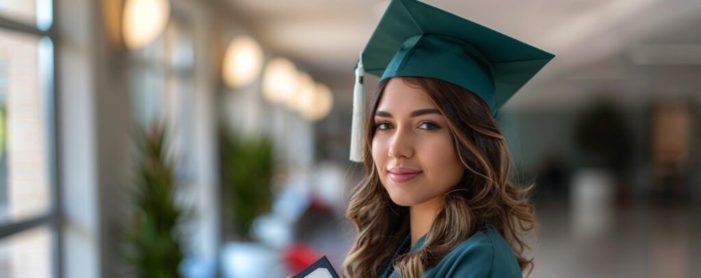 Graduate in a teal cap and gown stands indoors, holding a diploma, smiling.