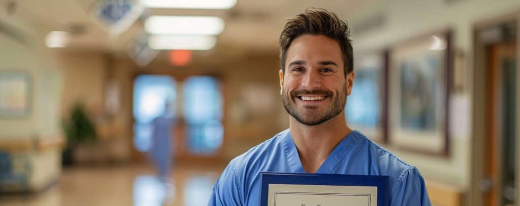 Man in blue scrubs smiling and holding a certificate in a hospital corridor.