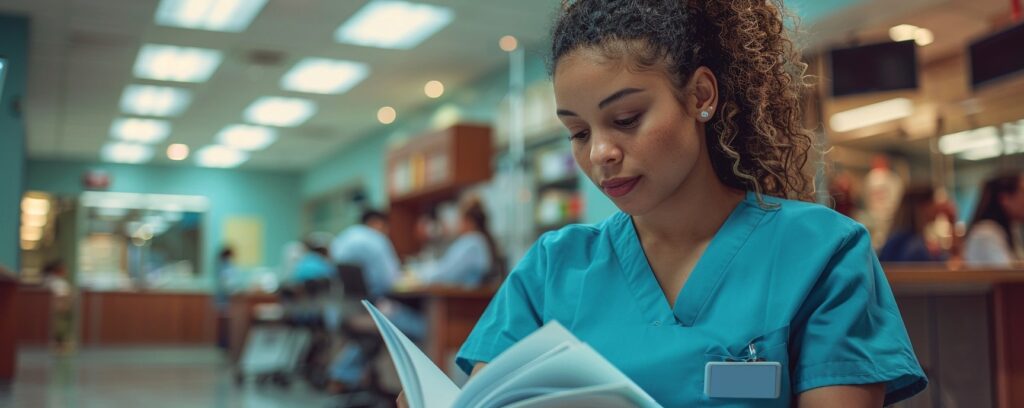 A nurse in blue scrubs reads a book in a busy hospital setting.