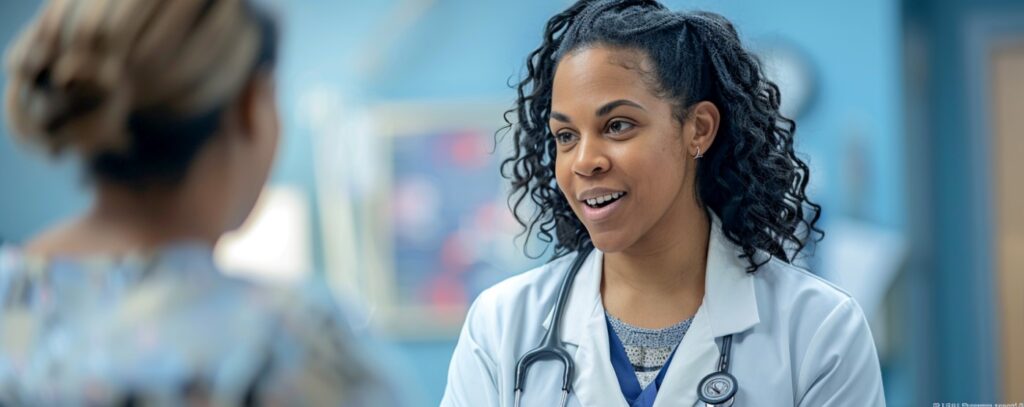 Doctor in a white coat talking to a patient in a medical office setting.