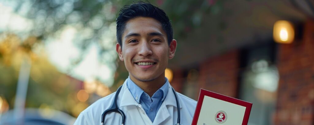 Smiling person in a white coat, holding a framed certificate, with a stethoscope around their neck.