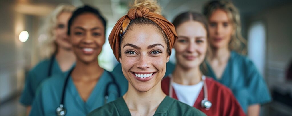 A group of smiling healthcare workers wearing scrubs and stethoscopes in a hospital corridor.