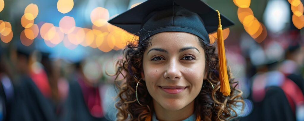 Graduate wearing a cap and gown smiles at a ceremony, with blurred lights in the background.