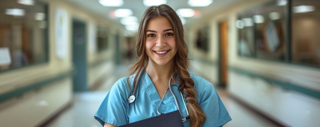 Smiling nurse in scrubs with a stethoscope, holding a folder in a hospital corridor.