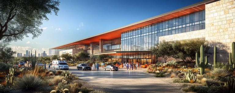 Modern glass-fronted building with people and vehicles outside, surrounded by desert landscaping under a clear blue sky.