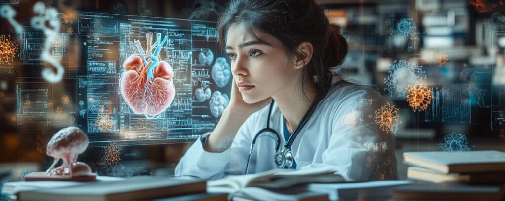 A woman in a lab coat studies holographic medical data with a focus on the human heart, surrounded by books.