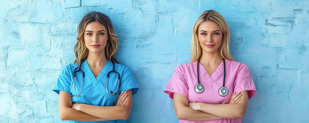 Two healthcare professionals in blue and pink scrubs, arms crossed, standing against a blue textured wall.