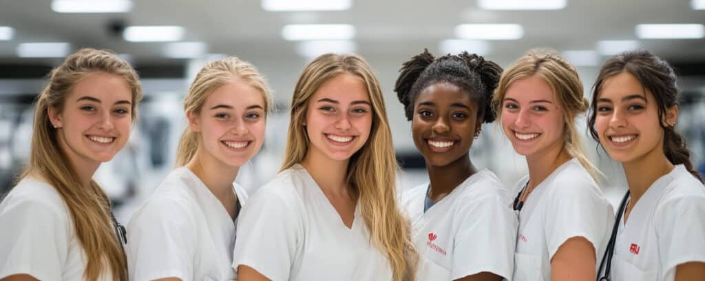 Six smiling young women in white uniforms stand together in a brightly lit indoor setting.