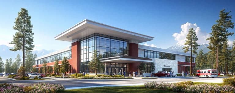 Modern hospital exterior with glass facade, surrounded by trees, parked vehicles, and people at the entrance.