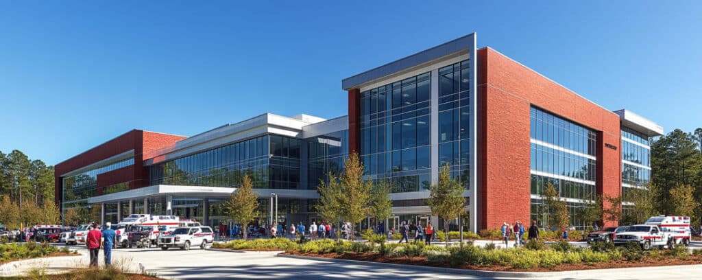 Modern brick and glass building with parked ambulances and people outside on a sunny day.