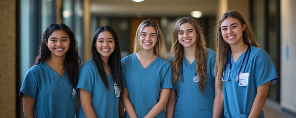 Five women in medical scrubs smiling in a hallway.