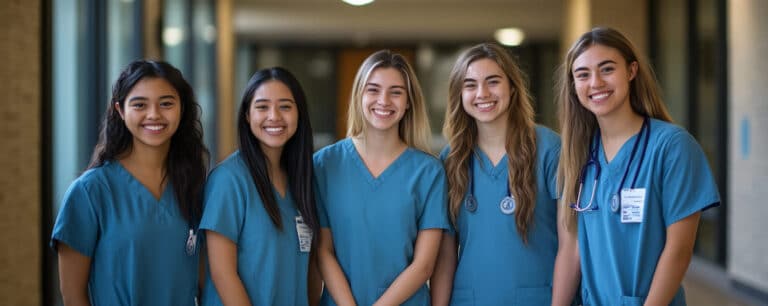 Five women in medical scrubs smiling in a hallway.