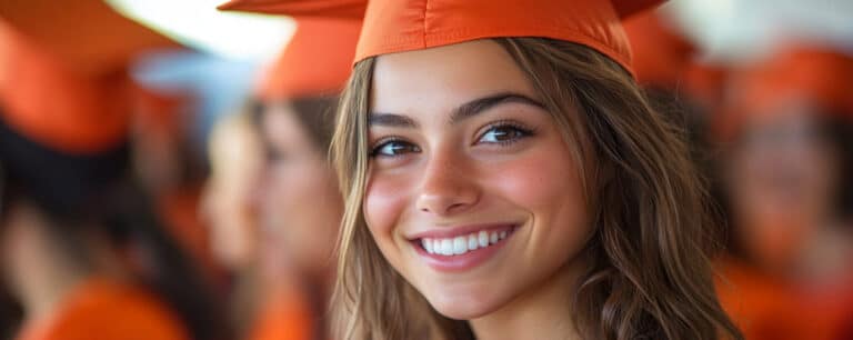 A smiling graduate wearing an orange cap, with others in similar attire blurred in the background.