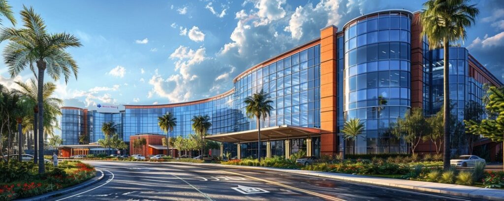 Modern glass building with palm trees and a sunny sky in the background.