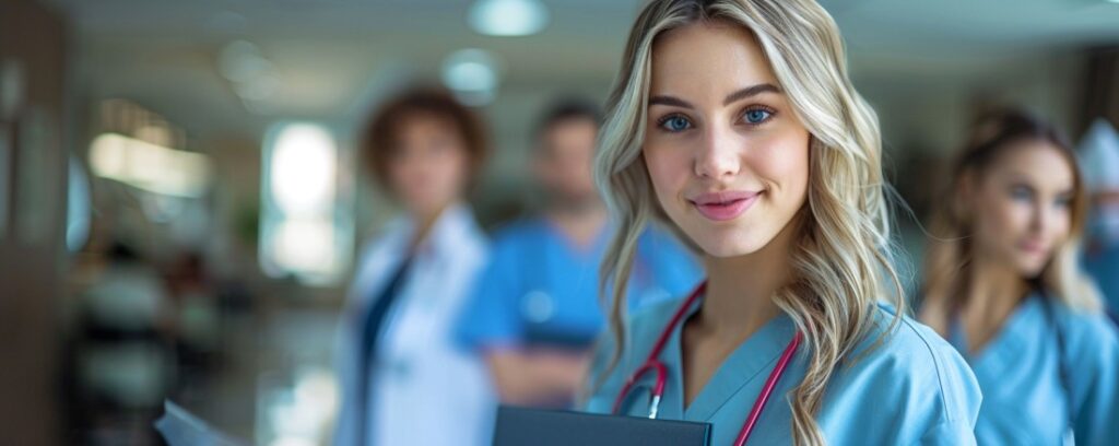 Smiling healthcare professional in scrubs with colleagues in a hospital hallway.