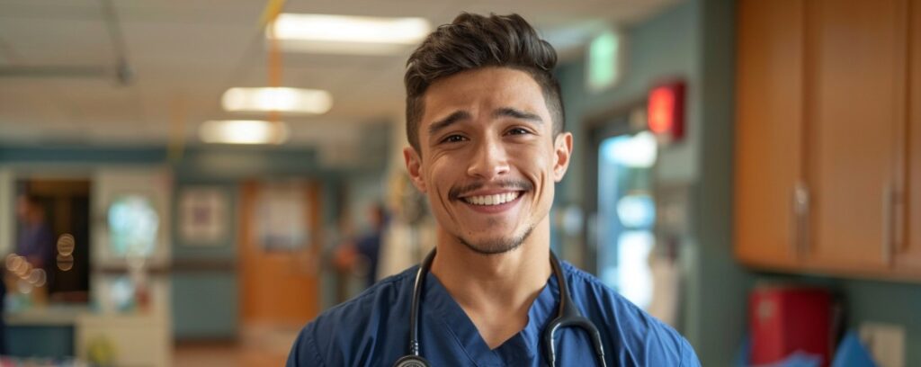 Smiling healthcare professional in scrubs and stethoscope standing in a hospital hallway.