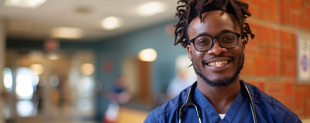 A smiling healthcare professional in scrubs and glasses stands in a hospital hallway.