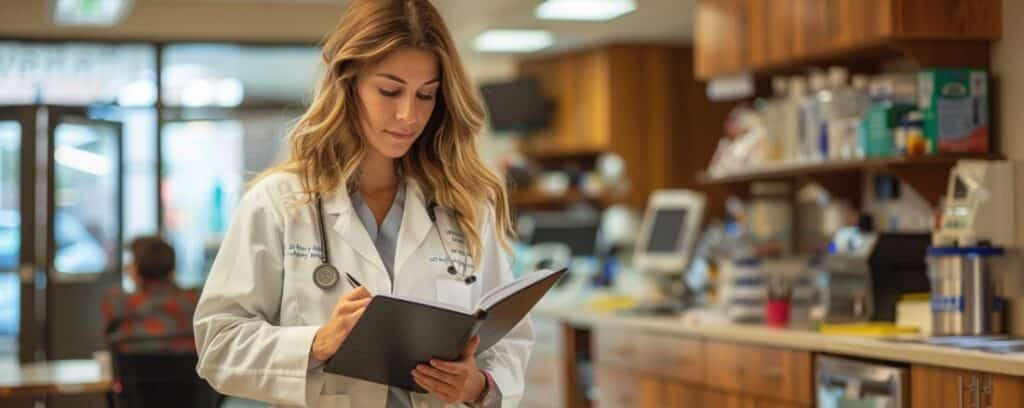 Woman in a white coat writing in a notebook at a pharmacy counter with shelves of medical supplies in the background.