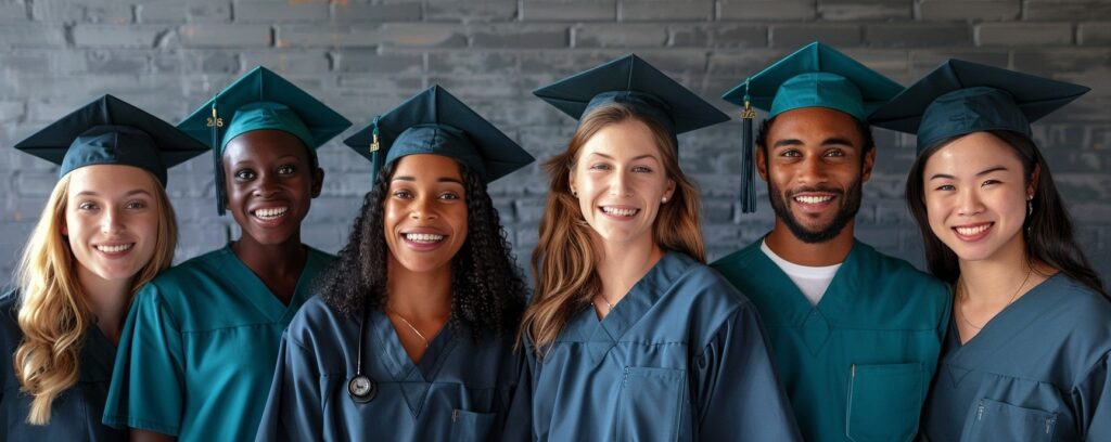 Six graduates in caps and gowns smiling in a row against a gray background.