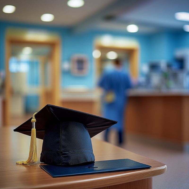 Graduation cap and diploma on a table, with a blurred person in scrubs in the background.