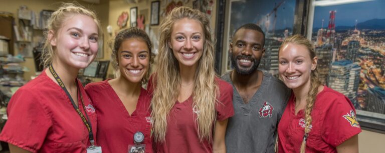 Five smiling veterinary staff in scrubs pose together in an office with cityscape photos on the wall.