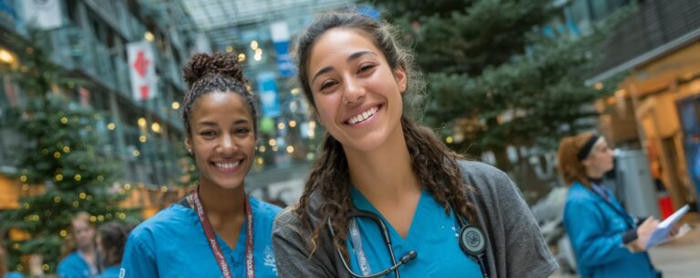 Two smiling healthcare workers in blue scrubs stand together in a bright, modern hospital atrium.