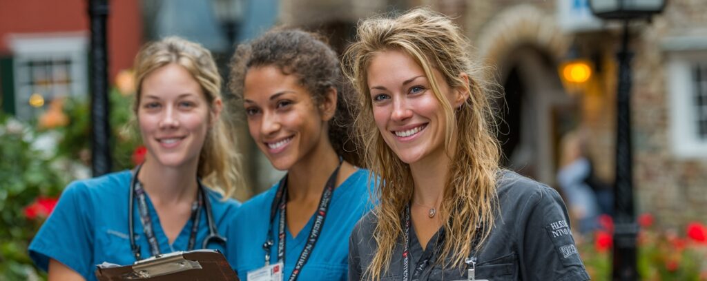 Three smiling women in scrubs and ID badges standing outside, one holding a clipboard.