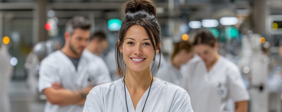 Smiling woman in scrubs stands confidently with colleagues in a busy medical or laboratory setting.