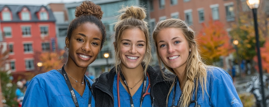 Three smiling women in blue scrubs standing outside, with buildings and autumn trees in the background.