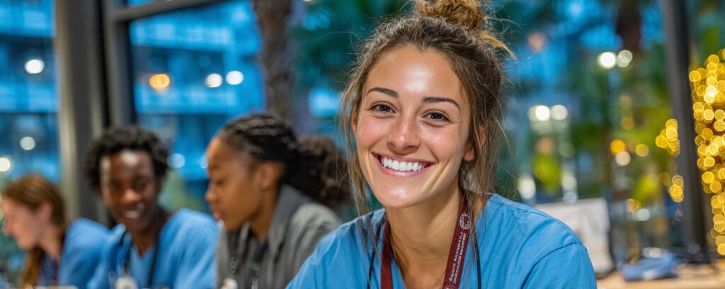 Smiling young woman in scrubs sits at a table with colleagues in a brightly lit, modern setting.