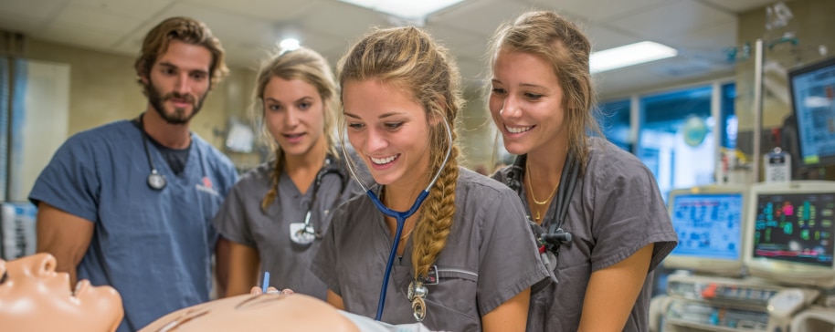 Four medical students practice on a medical mannequin in a clinical simulation lab with monitors.