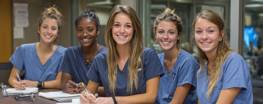 Five young women in blue scrubs smile while sitting at a table with notebooks and pens.