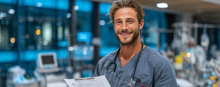 A smiling healthcare professional holds a clipboard in a modern hospital setting.