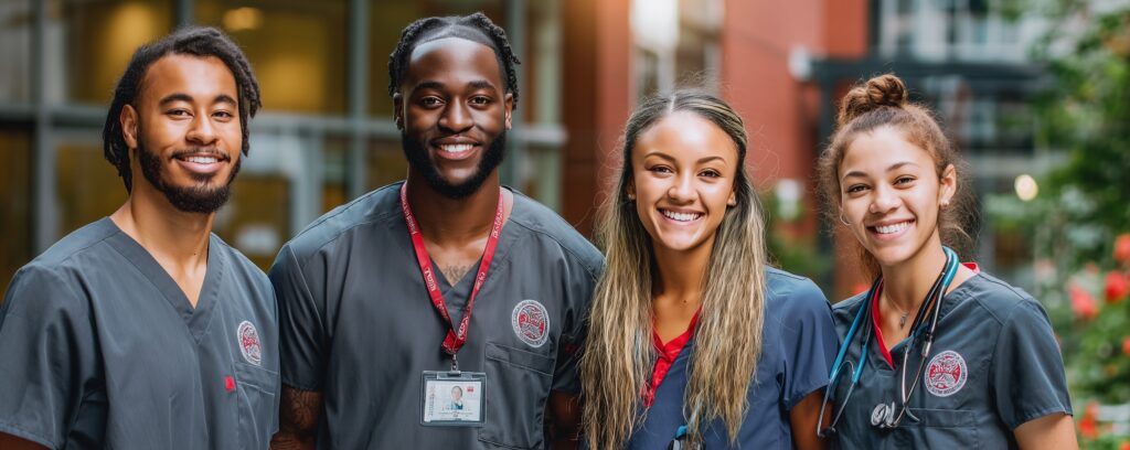 Four smiling nurses in gray scrubs stand together outdoors, posing for a group photo.