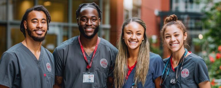 Four smiling nurses in gray scrubs stand together outdoors, posing for a group photo.