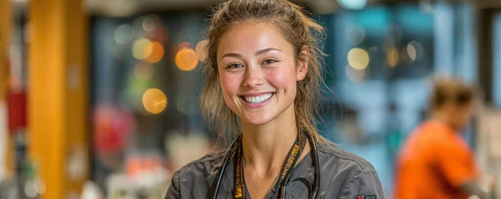 Smiling young woman in scrubs with a stethoscope, standing indoors with blurred lights in the background.