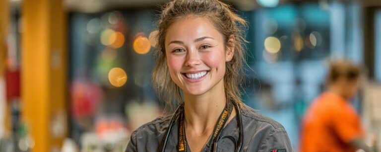 Smiling young woman in scrubs with a stethoscope, standing indoors with blurred lights in the background.