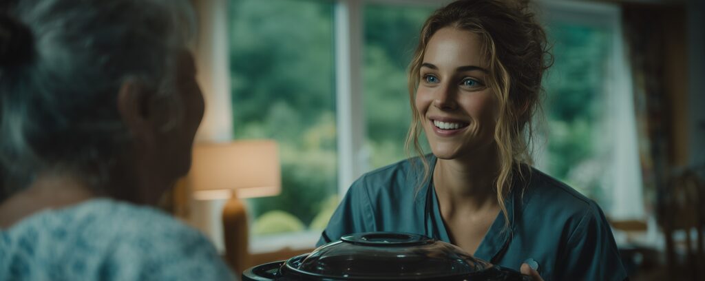 A smiling nurse hands a covered dish to an elderly woman in a bright, cozy room.