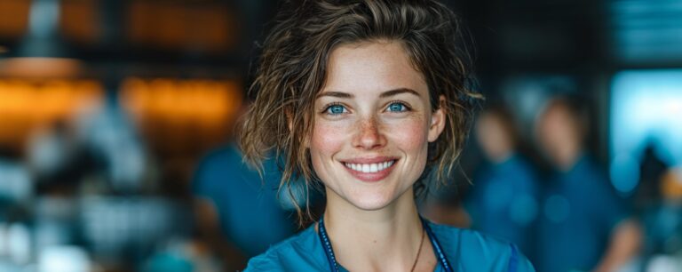 Smiling woman with short, wavy hair and blue eyes, wearing blue scrubs in a softly lit indoor setting.
