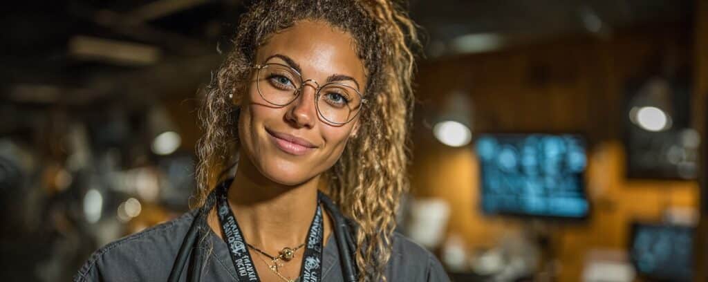 A smiling woman with curly hair and glasses stands in a dimly lit room with computer screens behind her.