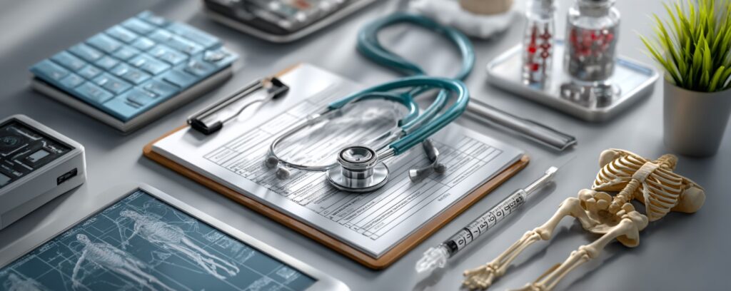 Medical tools, stethoscope, clipboard, skeleton model, and tablet with X-ray on a desk.