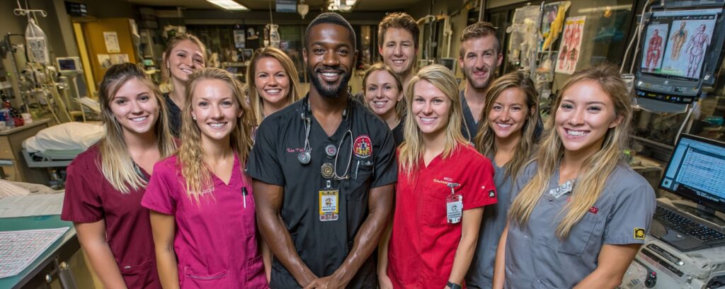 A group of smiling healthcare professionals pose together in a hospital or medical setting.