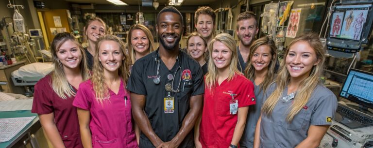 A group of smiling healthcare professionals pose together in a hospital or medical setting.